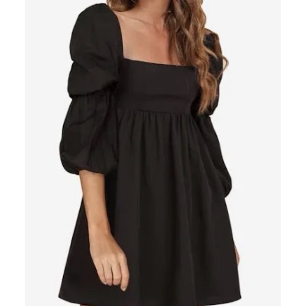 EXLURA Womens Square Neck Dress Long Puff Sleeve A-Line Casual Black XL